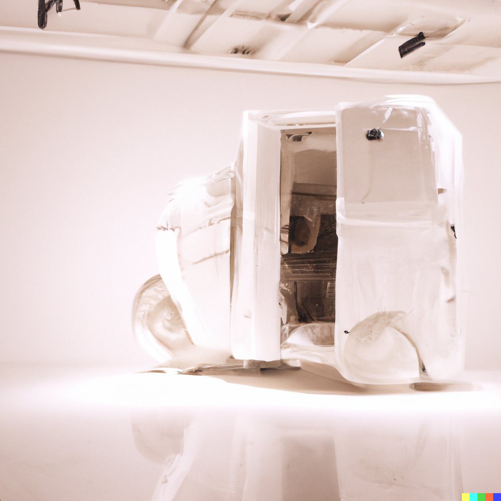 Sculpture study of a white van-like form with an open door and visible wheels, reflected in a glossy floor.