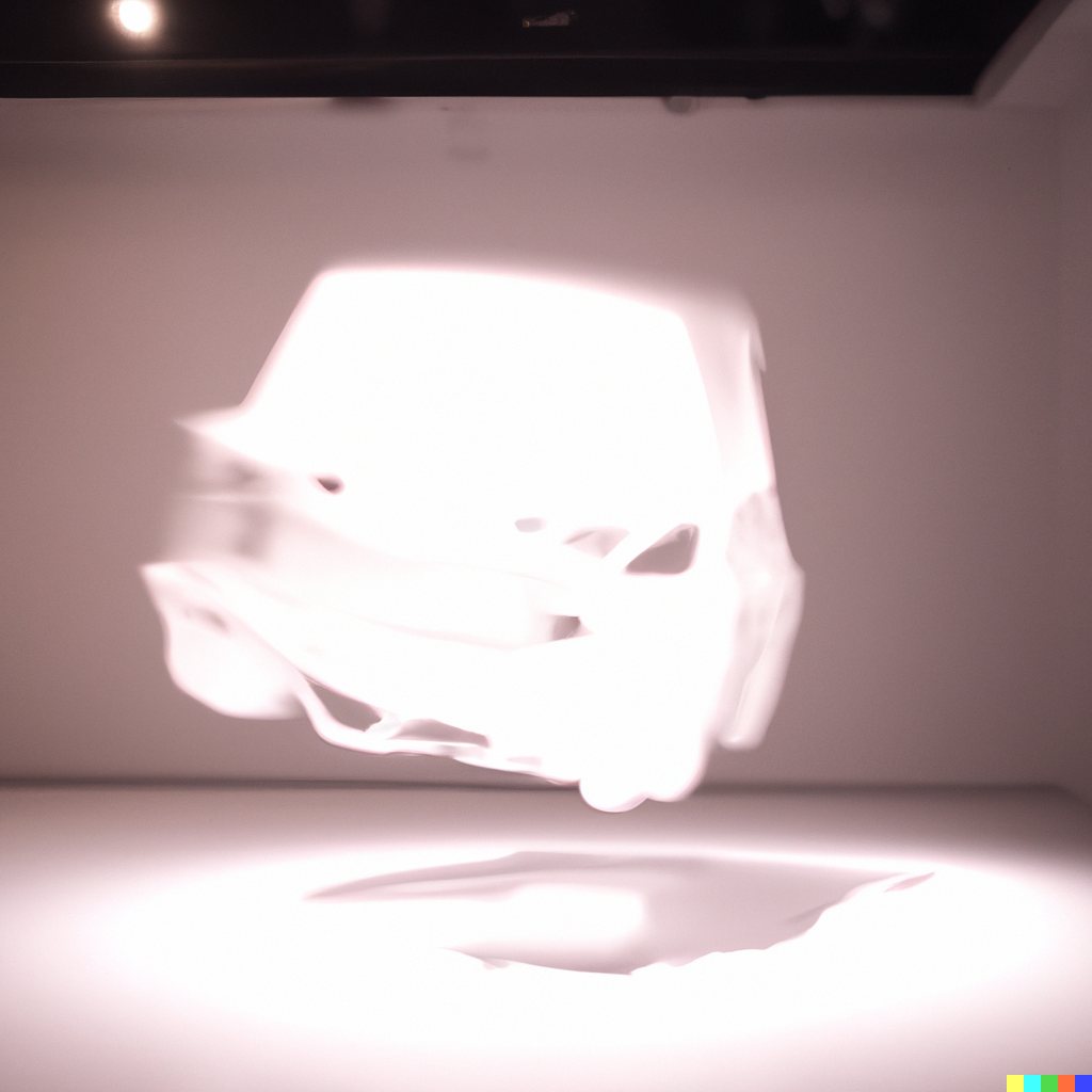 Blurred study of a luminous white car-like form hovering in a gallery above a soft elliptical shadow.