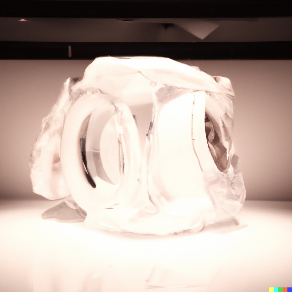 Sculpture study of a glowing white, translucent bus form with looped wheel shapes, lit from within.