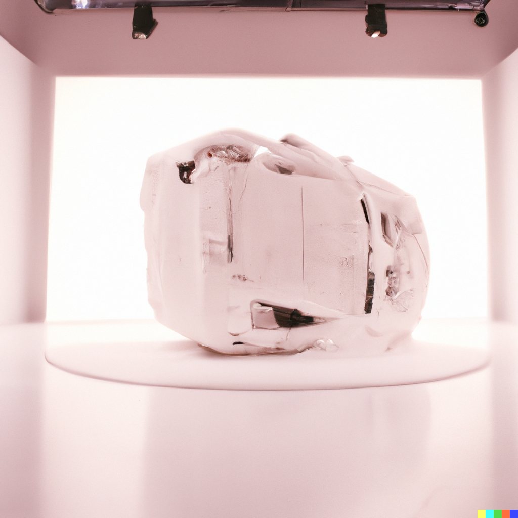 Sculpture study of a heavy white bus form resting on a round plinth in a pink-tinted gallery.