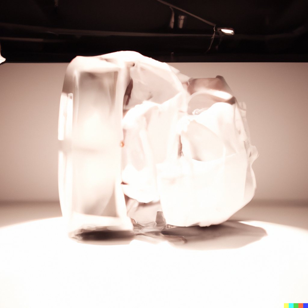 Sculpture study of a crumpled, translucent white vehicle form with a flattened side, lit from behind.