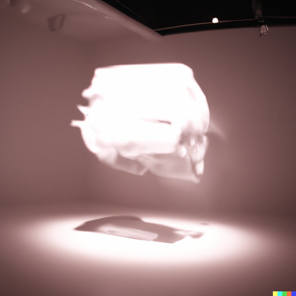 Blurred study of a glowing white vehicle form floating above its soft shadow in a dim pink room.