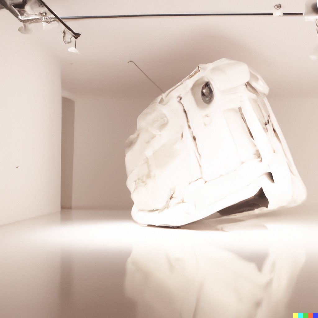 Sculpture study of a white bus form tipped on its side on a glossy floor, with its reflection below.