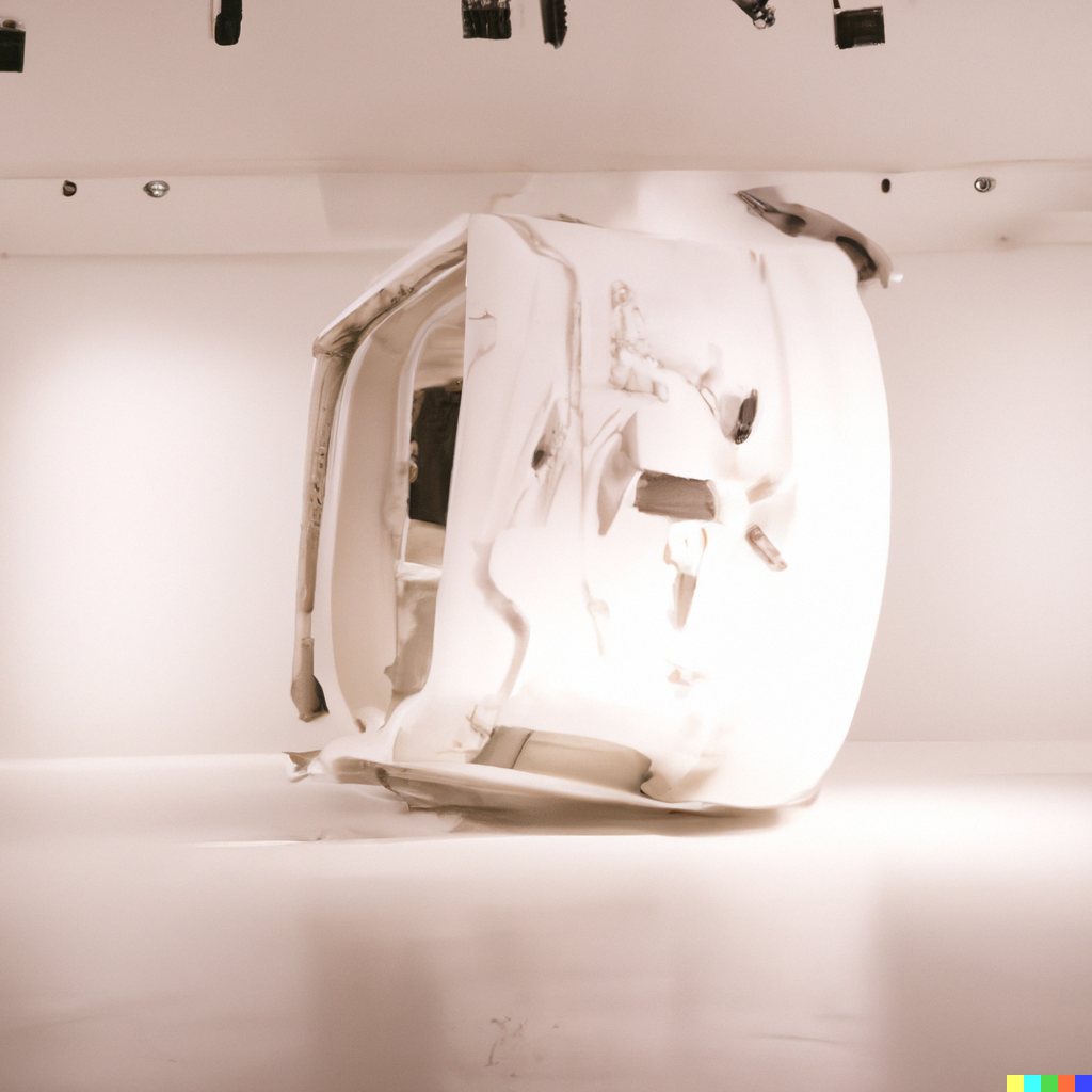 Sculpture study of a white bus body rolled onto its side, with crumpled plaster surfaces and track lights above.