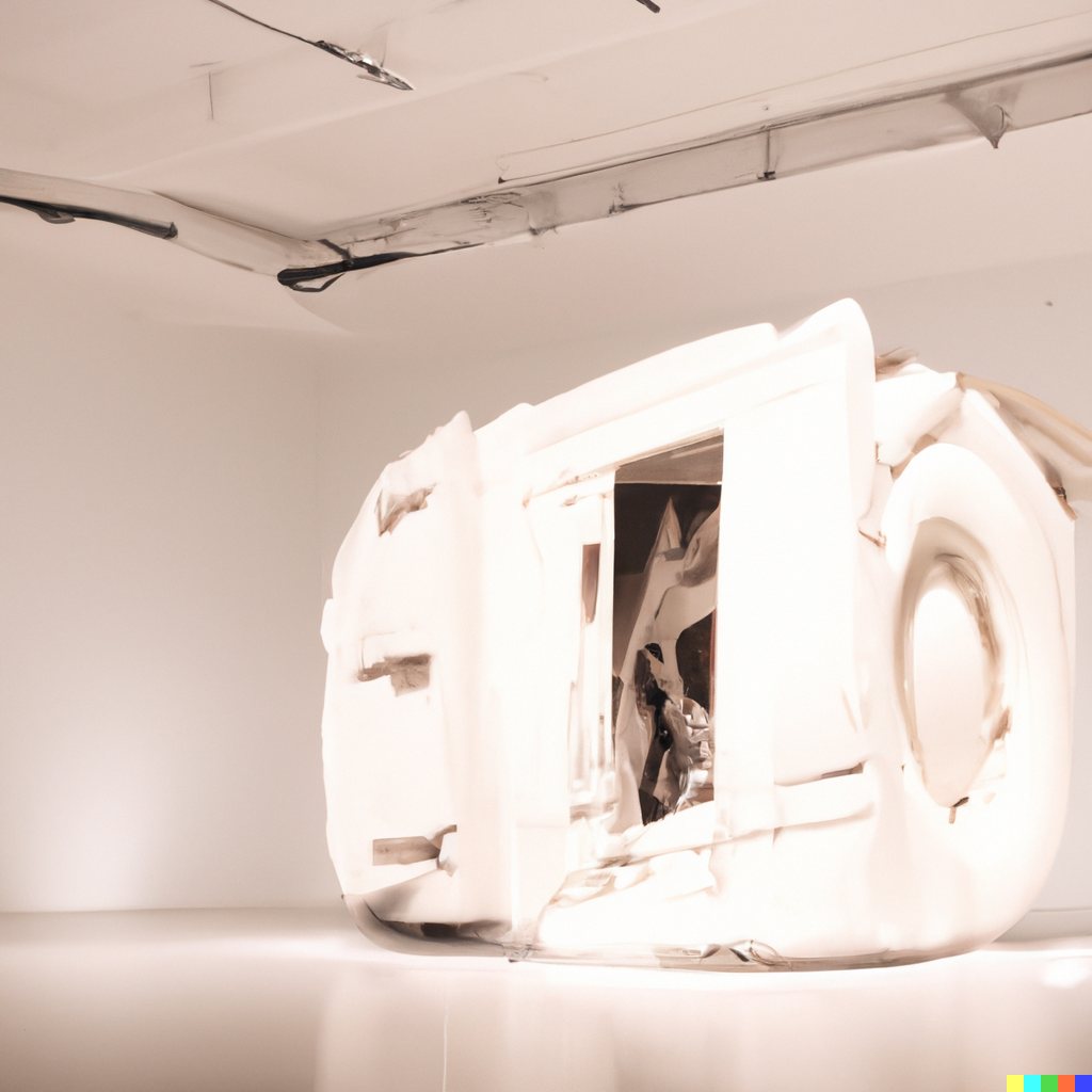 Sculpture study of a rounded white bus capsule with an open door and a large wheel, under ceiling pipes.