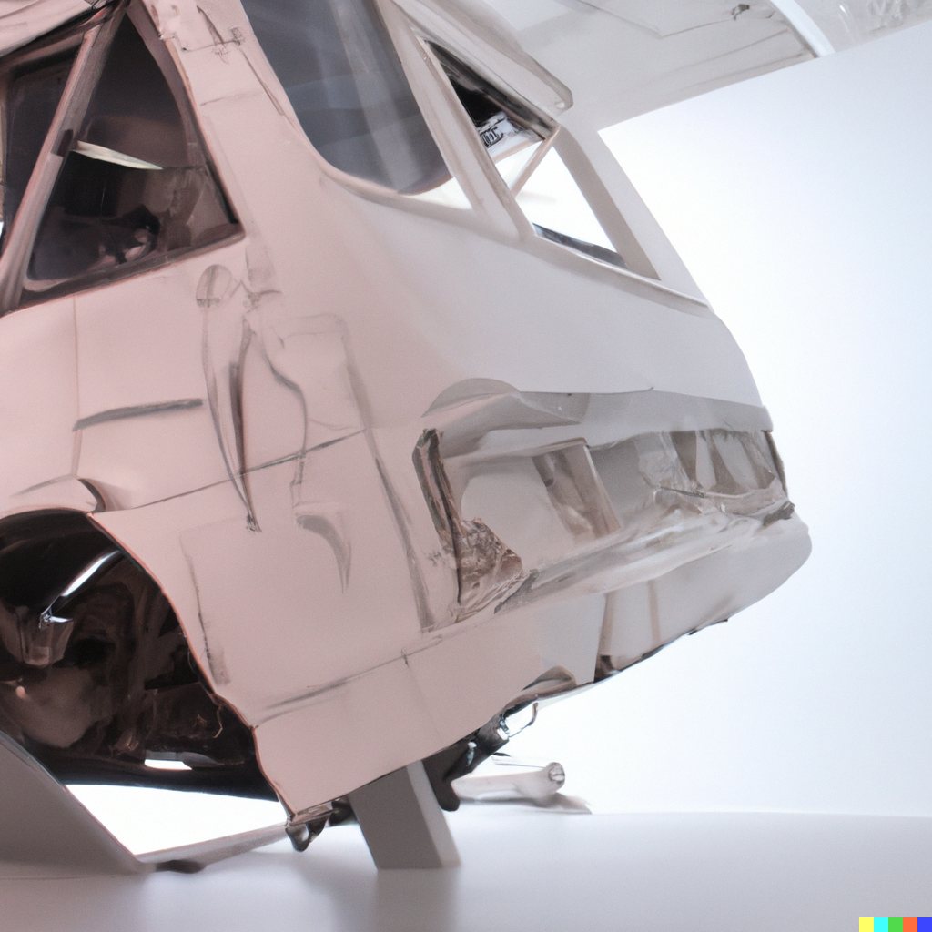 Close study of the side of a white bus sculpture, with sketched lines on its surface and its wheel arch exposed.