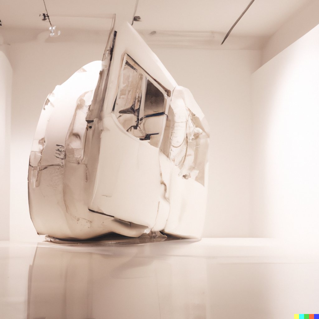 Sculpture study of a large white bus form leaning in a gallery, its windows and plaster-like skin catching the light.