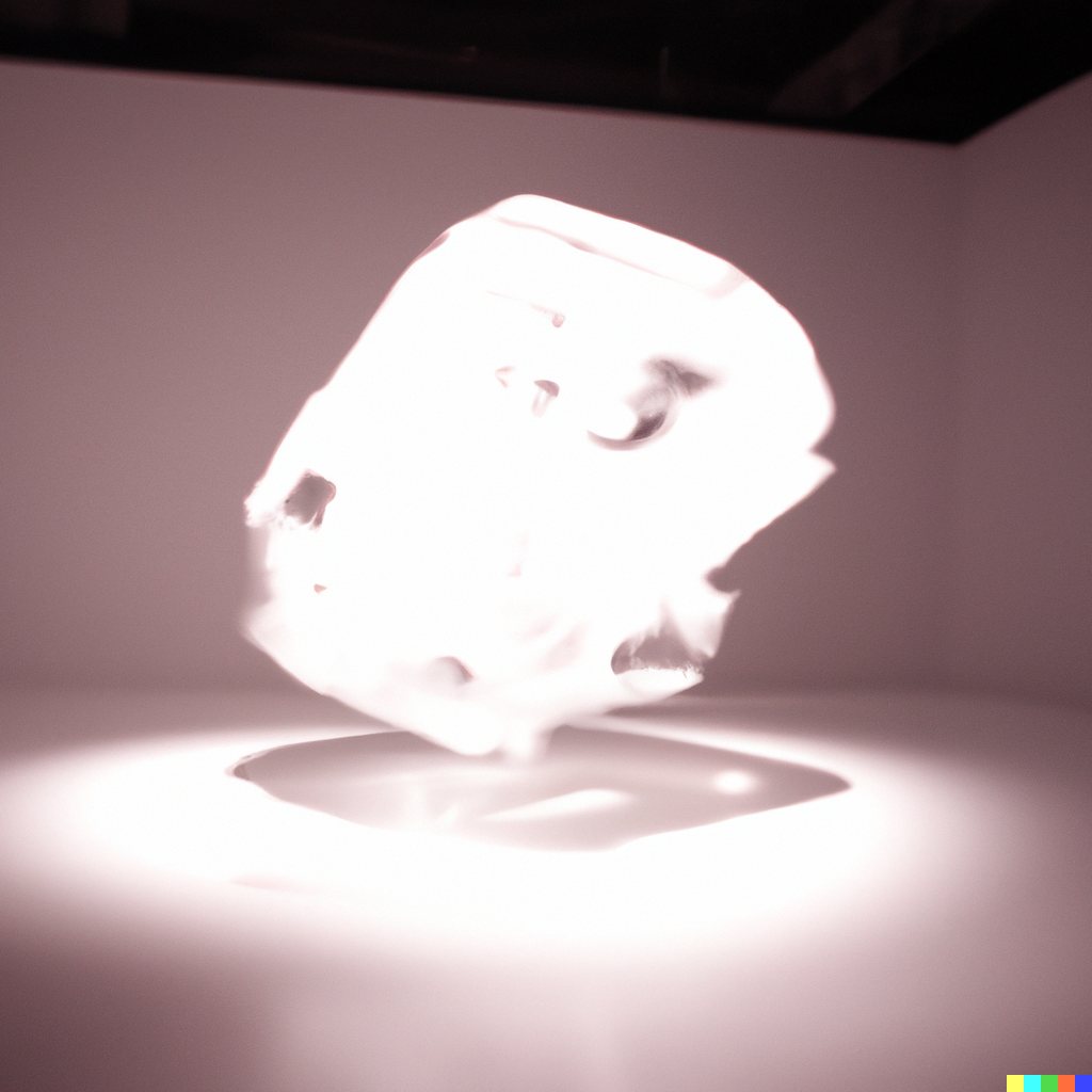 Blurred study of a glowing white form, rock-like with small cavities, hovering over a pool of light.
