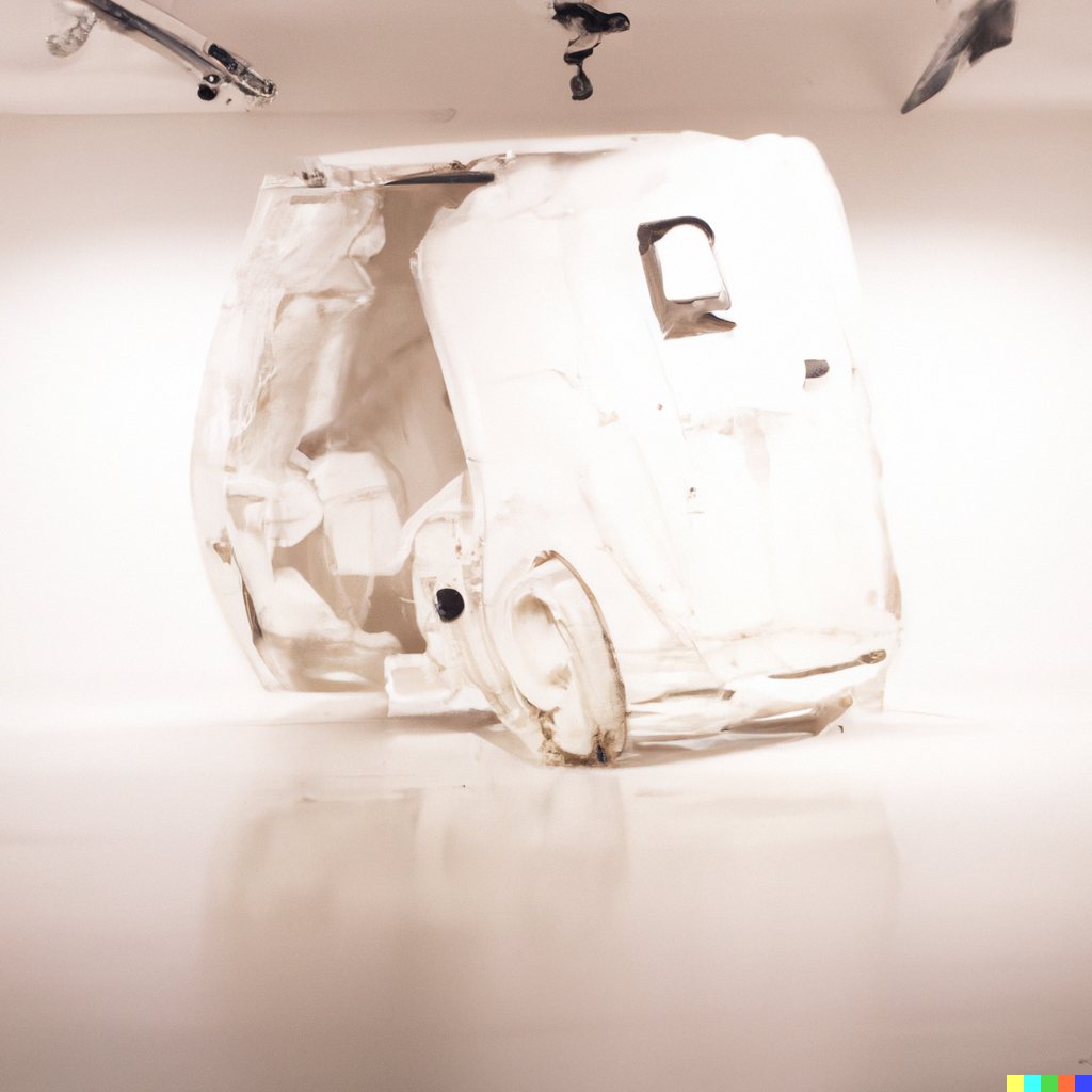 Sculpture study of a translucent white vehicle form with an open door and a wheel, in warm gallery light.