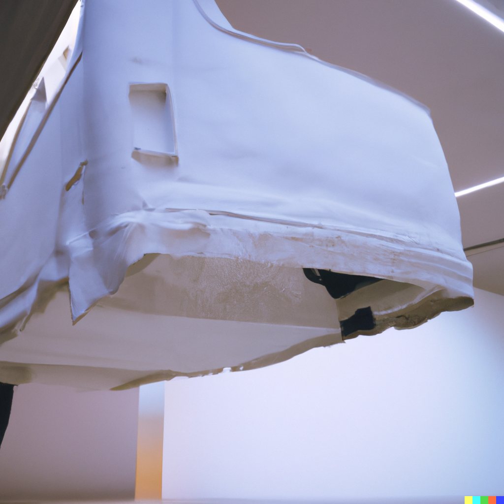 Low-angle sculpture study of the underside of a white bus form with a ragged torn edge, in cool gallery light.