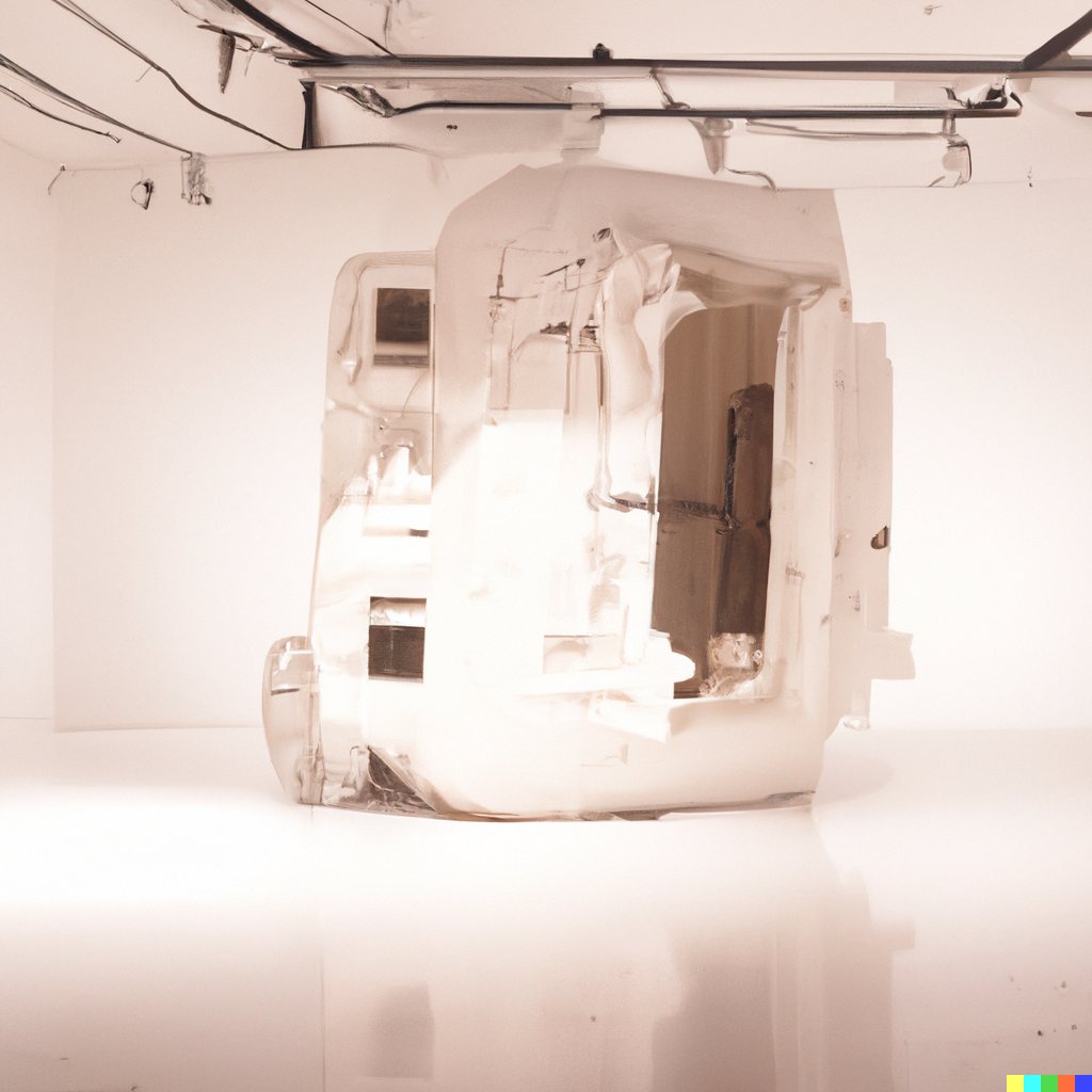 Sculpture study of a white boxy vehicle body with an open doorway, rendered in warm light under exposed ceiling pipes.